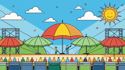 Poster - The line of umbrellas stood directly in front of the stage shielding the audience from the scorching sun during the outdoor concert.. Cartoon Vector.