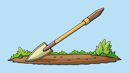 Poster - The long slender object had a sharp pointed end and a sy wooden handle. It was essential for keeping a wellmaintained garden easily digging into the. Cartoon Vector.