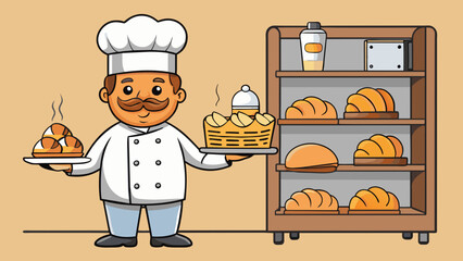 Poster - The local bakery is a charming mix of flourdusted shelves the scent of freshly baked pastries and the sound of ovens humming. Bakers can be seen. Cartoon Vector.
