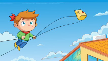 Aufkleber - The little boys kite soared high up in the sky away from the rooftops and towards the crisp blue horizon.. Cartoon Vector.