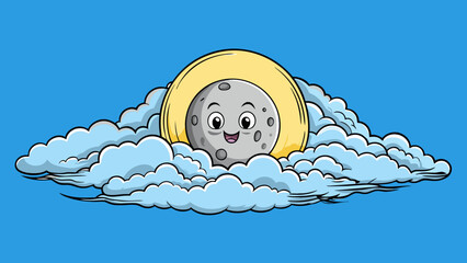 Poster - The moon hidden behind a thick layer of clouds until a cool breeze blows them away revealing its full and luminous form.. Cartoon Vector.