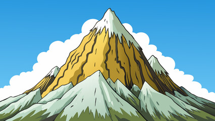 Poster - The mountain peak is rather majestic towering high into the sky with rugged cliffs and a dusting of snow at its summit. The faint sound of distant. Cartoon Vector.