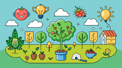 Poster - The mind is like a garden full of flourishing thoughts and ideas. It requires care and maintenance to keep it healthy and thriving but when nurtured. Cartoon Vector.