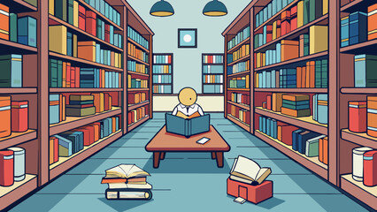 Aufkleber - The moment I entered the library I was greeted by rows upon rows of neatly organized books. The smell of old paper and ink filled the air evoking a. Cartoon Vector.