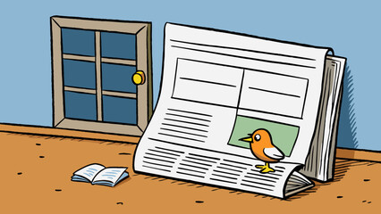 Poster - The Monday newspaper neatly folded and untouched lies on the doorstep. The headlines scream of deadlines meetings and busy schedules. A lone bird. Cartoon Vector.