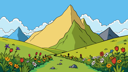 Fototapete - The mountain loomed in the distance its rugged peaks jutting up towards the sky. Despite its imposing presence colorful wildflowers dotted the meadows. Cartoon Vector.