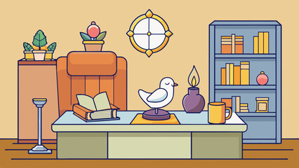 Poster - The ministers office was a cozy and inviting space with soft lighting and warm colors. On the desk a crystal figurine of a dove symbolized peace while. Cartoon Vector.