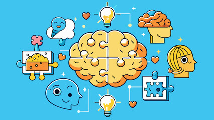 Fototapete - The mind is like a puzzle with pieces tered and constantly shifting. Each piece represents a different thought or idea and when put together they. Cartoon Vector.