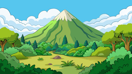 Aufkleber - The mountain in the distance rose high into the sky its peak often shrouded in mist and its sides covered in lush greenery.. Cartoon Vector.