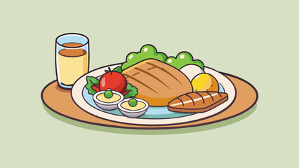 Fototapete - The meal was simply delicious with a perfectly grilled chicken accompanied by roasted vegetables and a light vinaigrette dressing. No fancy. Cartoon Vector.