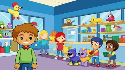 Fototapete - The moment I entered the toy store I was dazzled by an explosion of colors and shapes. Stuffed animals of all sizes adorned the shelves while brightly. Cartoon Vector.