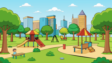 Aufkleber - The neighborhood park is a peaceful oasis in the midst of the bustling city. Its lush green grass is speckled with picnic benches and colorful. Cartoon Vector.