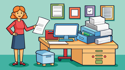 Poster - The office worker clicked send on her computer a stack of neatly printed papers ready to be delivered to her boss. She marveled at how quickly the. Cartoon Vector.