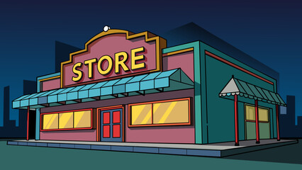 Aufkleber - The neon sign outside the store displayed the name in bold capitalized letters glowing against the dark sky.. Cartoon Vector.