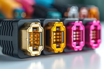 A row of colorful connectors with gold and yellow connectors