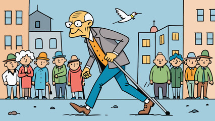 Poster - The old man stumbled and shuffled slowly down the crowded street his cane tapping against the pavement as he struggled to keep up with the bustling. Cartoon Vector.