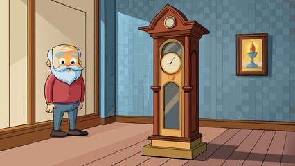 Poster - The old grandfather clock chimed loudly in the hallway its ornately carved wooden frame and shimmering pendulum reflecting the warm glow of the fire. Cartoon Vector.