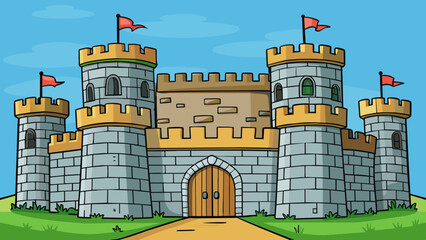Aufkleber - The old stone castle was an established fortress its high walls and sy towers standing strong and imtrable against any enemy attacks.. Cartoon Vector.