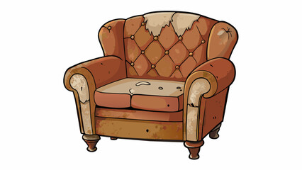 Poster - The old leather chair looks rather worn and faded with patches of discoloration on the armrests and back. The cushion has lost much of its fluffiness. Cartoon Vector.