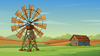 Aufkleber - The old rusted windmill stood in stark contrast to the tranquil countryside around it its crooked blades standing still in the quiet afternoon air.. Cartoon Vector.