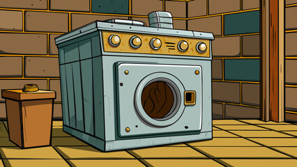 Poster - The old washing machine in the bat would often groan and creak its rusted buttons and dials showing signs of age.. Cartoon Vector.