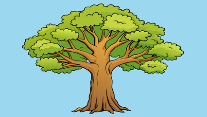 Aufkleber - The old oak tree stood tall and proud its long branches reaching towards the sky. Its gnarled trunk was dotted with deep crevices giving it a. Cartoon Vector.