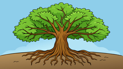 Aufkleber - The old oak tree with its deep roots and towering branches stands firmly in the ground certain in its strength and endurance.. Cartoon Vector.