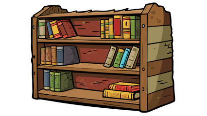 Aufkleber - The old wooden bookshelf was worn and weathered with scratches and scuffs on its surface but still sy and able to hold many books.. Cartoon Vector.