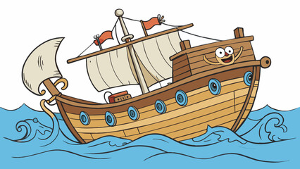 Poster - The old weathered sailboat named Jack creaked and swayed on the waves. His tattered sails and rusty anchor showed signs of many voyages on the open. Cartoon Vector.