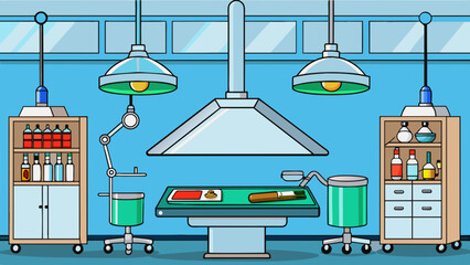 Poster - The operating room is a sterile brightly lit room with multiple trays of medical instruments neatly arranged on a steel table. An overhead light with. Cartoon Vector.