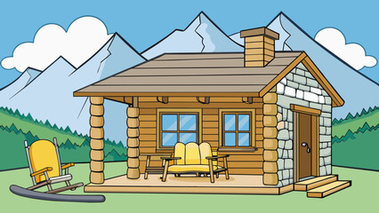 Canvas Print - The property was a rustic cabin crafted from logs and tucked away in the mountains. The front porch had a wooden swing and a rocking chair perfect for. Cartoon Vector.