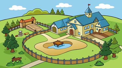 Aufkleber - The property was a sprawling ranch with acres of land and a gated entrance. The house was made of stone and had a large circular driveway. The. Cartoon Vector.