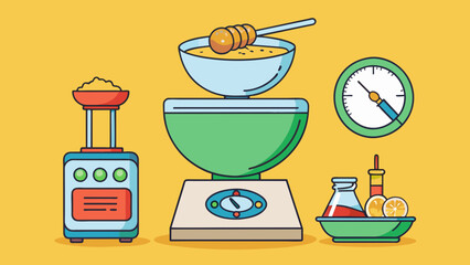 Aufkleber - The recipe called for ingredients to be added to the bowl according to weight not volume. The measuring scale displayed precise numbers and the mixing. Cartoon Vector.