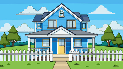 Poster - The property was a spacious house with a large backyard and a wraparound porch. The exterior was painted in a bright blue color with white trim and a. Cartoon Vector.