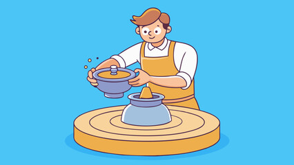 Poster - The potters wheel smoothly turns under the skilled hands of the artist shaping a lump of clay into a beautiful vase. As the wheel spins the clay. Cartoon Vector.