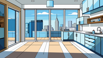 Poster - The property was a modern apartment with sleek floortoceiling windows and a balcony overlooking the city. Inside the space was openconcept with glossy. Cartoon Vector.