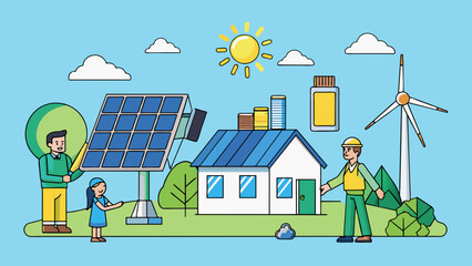 Poster - The proposal for a sustainable energy plan features solar panels wind turbines and energyefficient appliances in every building.. Cartoon Vector.