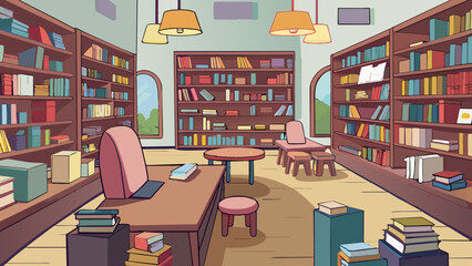 Poster - The quaint local bookstore is a treasure trove of books both old and new. Its shelves are lined with dusty tomes and the occasional handwritten. Cartoon Vector.