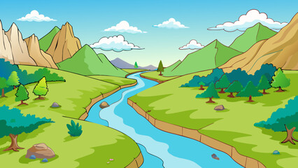 Aufkleber - The river flowed lazily through the valley its long current reflecting the lush greenery on its banks. The gentle sound of water trickling over rocks. Cartoon Vector.