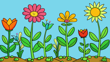 Aufkleber - The plants behavior was thriving and vibrant with tall green stems and colorful blooming flowers. Its leaves were full and healthy able to soak up. Cartoon Vector.