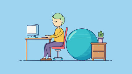 Poster - The regular wooden chair was unavailable so instead I sat on a large inflated exercise ball to work at my desk.. Cartoon Vector.