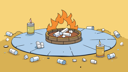 Aufkleber - The remnants of a fire pit empty beer cans and discarded marshmallow sticks tered around the cold blackened embers that remain.. Cartoon Vector.