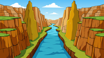 Poster - The river flowed directly through the rocky canyon carving a narrow path between the towering cliffs.. Cartoon Vector.