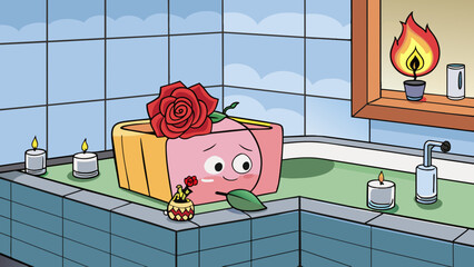 Sticker - The rosescented candle on the bathroom counter was nearly burnt out a telltale sign of mums relaxing bubble baths.. Cartoon Vector.