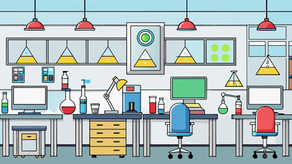 Poster - The research and development department is a laboratorystyle space with white walls and sleek modern equipment. There are rows of workstations topped. Cartoon Vector.