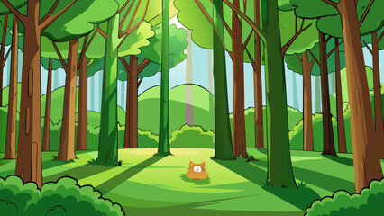 Fototapete - The scene in the image is set in a lush green forest. The trees are tall and skinny with large vibrant leaves. The sunlight is shining through the. Cartoon Vector.