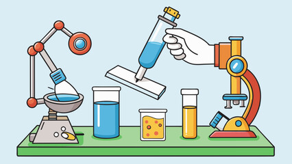 Aufkleber -  The science kit is a handson learning tool for conducting experiments. It includes a functional microscope for examining specimens a stand to hold. Cartoon Vector.