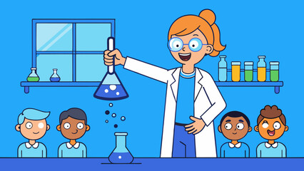Poster - The scientist stood in front of a room filled with curious students holding a small beaker of bubbling liquid. With careful precision she added a few. Cartoon Vector.