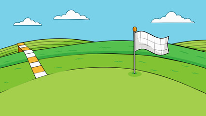 Poster - The second goal is a green meadow stretching as far as the eye can see. In the distance there is a white flag fluttering in the wind marking the. Cartoon Vector.