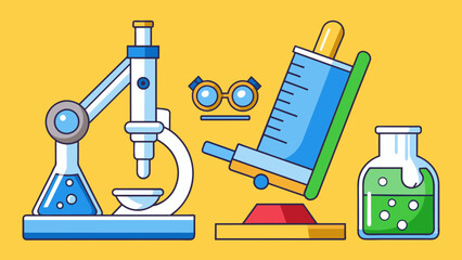 Aufkleber - The science kit should include a microscope test tubes with a stand and a manual with experimental activities.. Cartoon Vector.